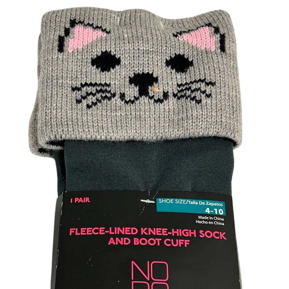 Fleece Lined Knee-high Sock and Boot cuffs grey knit cat face sz 4-10